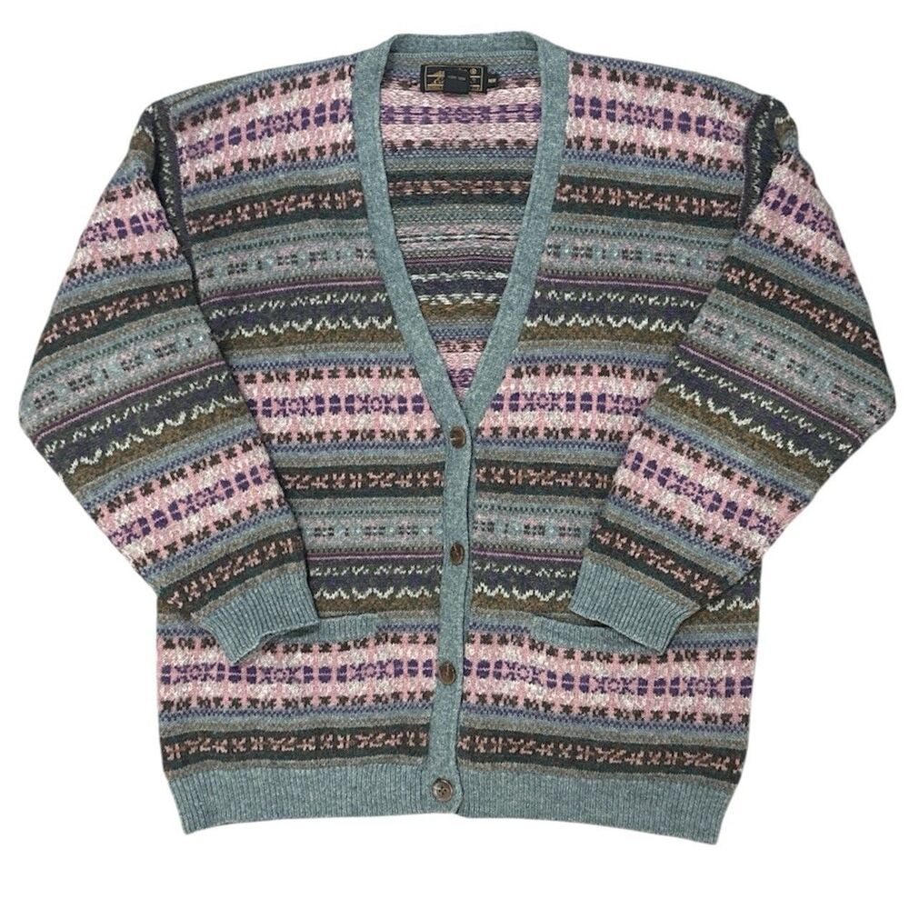 Vintage Eddie Bauer Wool Sweater Womens M Cardigan Fair Isle Pockets Grandma 90s